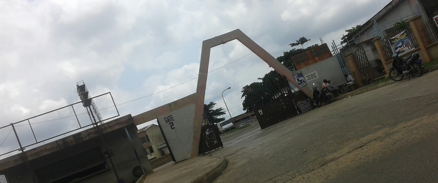 Exterior entrance of Lekan Salami Stadium in Ibadan showing the stadium façade and gateway