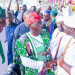 Otunba Olusegun Runsewe and Lagos governor Babajide Sanwo-Olu greeting the Ooni of Ife at the EkoNafest 2022 opening