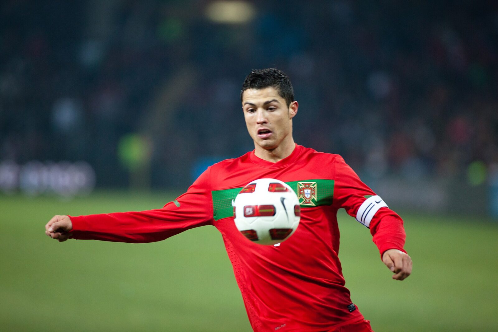 Cristiano Ronaldo wearing Portugal national team kit on the pitch during a match