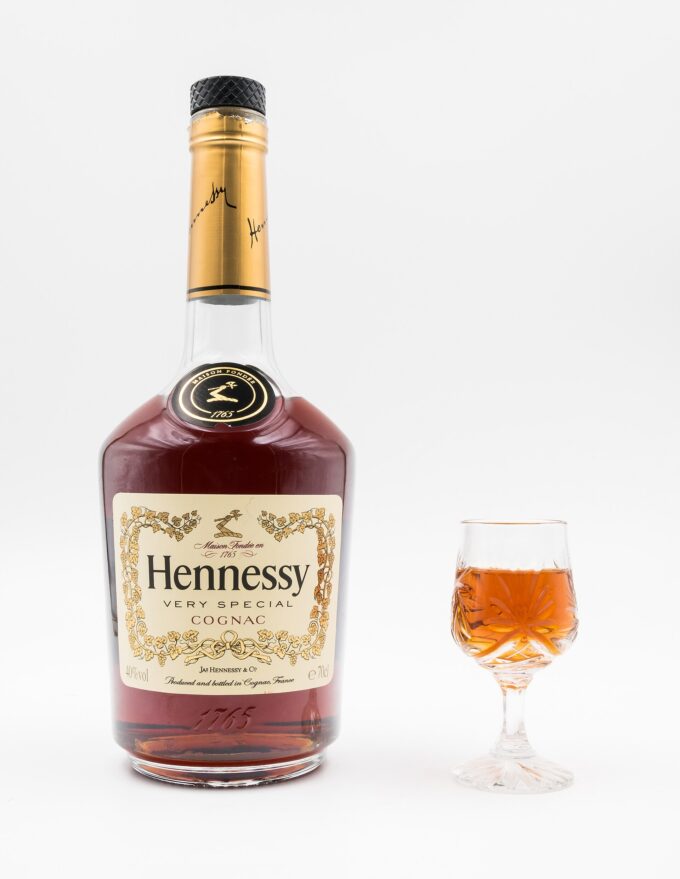 A bottle of Hennessy V.S. Cognac standing upright on a white background.