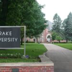 Drake University campus entrance sign and buildings in Des Moines, Iowa