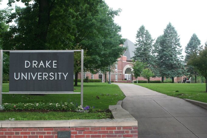 Drake University campus entrance sign and buildings in Des Moines, Iowa