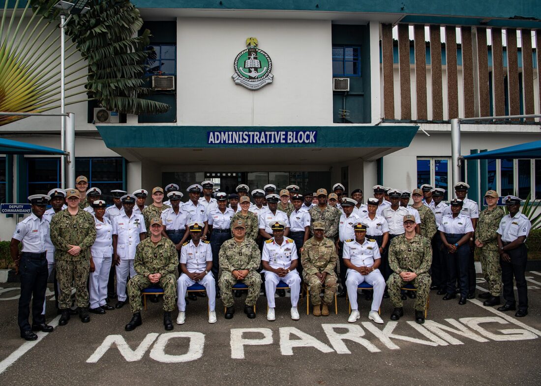 Members of the Nigerian Navy Band posing at the Naval Training Command Headquarters in Lagos