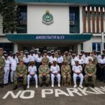 Members of the Nigerian Navy Band posing at the Naval Training Command Headquarters in Lagos